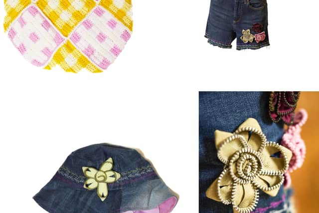 The top was created using a vintage sewing pattern and fashioned from two of her grandfather’s shirts, blending nostalgia with contemporary style.