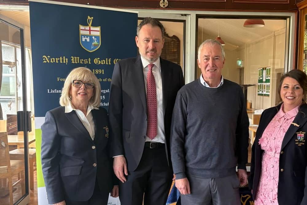 Minister Charlie McConalogue pictured with Lady Captain Rosalyn  McLaren, Madam President Helen Quigley, Secretary James Doherty