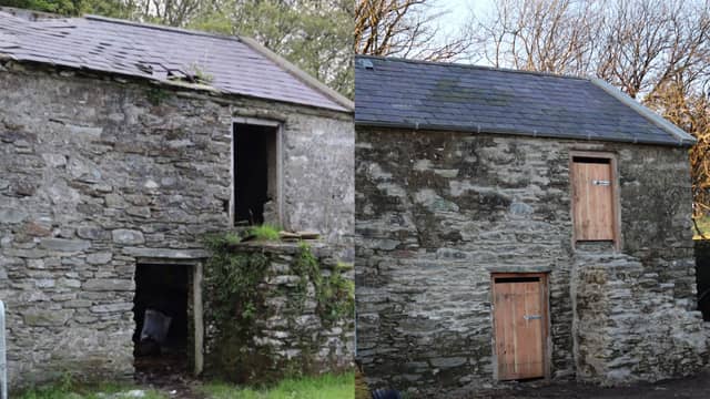 Barn at Middle Illies, Ballymagan, Inishowen before and after conservation works supported by funding under the Heritage Council’s Traditional Farm Buildings Grant Scheme