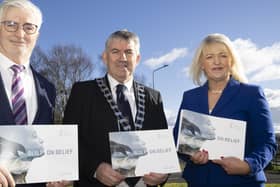 John McLaughlin, CE of Donegal County Council, Cathaoirleach Paul Canning and Brenda Hegarty, Head of Enterprise, LEO Donegal attend the Local Enterprise Week 2026 Brochure Launch. Photos: Joe Dunne