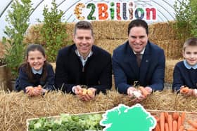 Lidl Ireland and Northern Ireland CEO Robert Ryan and Minister for Agriculture Martin Heydon, with local primary school students in Newbridge