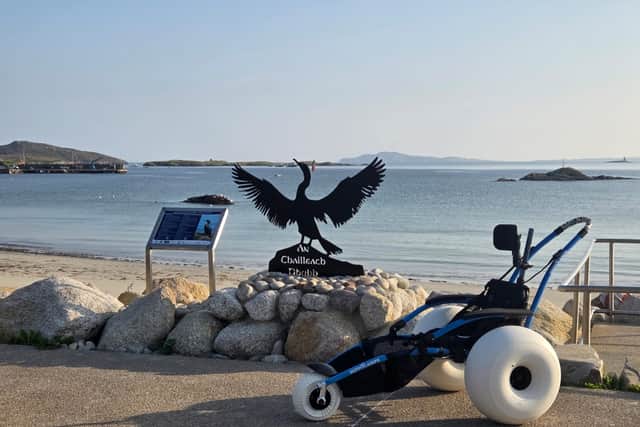 Until now, wheelchair users were unable to navigate the island’s sandy beaches or fully participate in coastal activities. The new all-terrain wheelchair will allow users to move across sand, access the island’s Blueway trails and enjoy Árainn Mhór’s spectacular coastal environment.