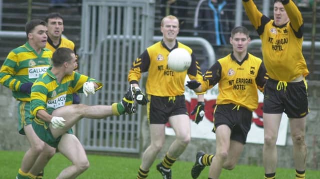 Peter McHugh fires a shot towards goal for Ardara in the 2000 decider against St Eunan's