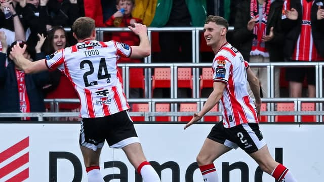 Ronan Boyce of Derry City celebrates after scoring his side's second goal with Sam Todd in the SSE Airtricity Men's Premier Division