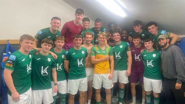 Joel Thompson was gifted a Donegal top by his Finn Harps teammates after their win over Treaty United
