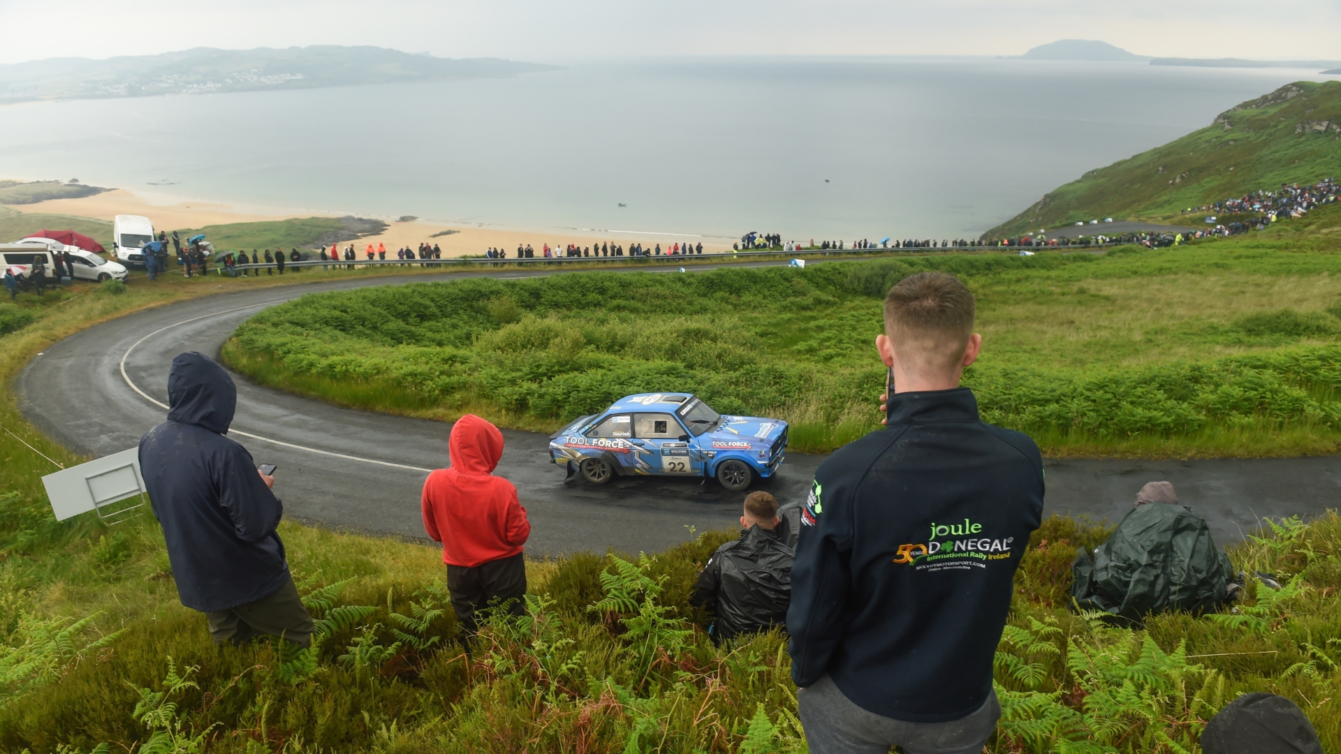 Damien Tourish and Domhnall McAlaney in their Ford Escort Mk2 during day two of the 2023 Donegal International Rally round 5 of the Irish Tarmac Championship at Portsalon