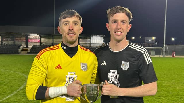Mark Anthony McGinley and Dean McCarry with the Donegal League Premier Division trophy at Leckview on Friday night
