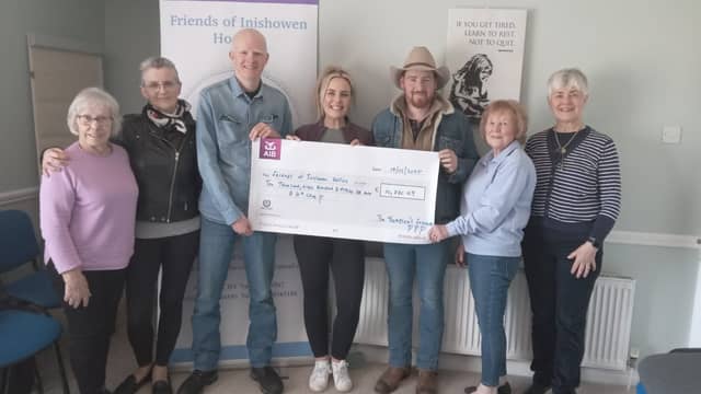 Pictured at the cheque presentation were, from left, Gertie Monagle, Ann Thompson Owens, David Casey, Mary Thompson, Dave O’Connor, Patricia Collins and Catherine Monagle
