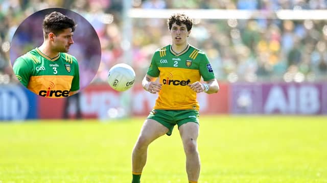 Finnbarr Roarty receives the ball against Derry and, inset, Brendan McCole