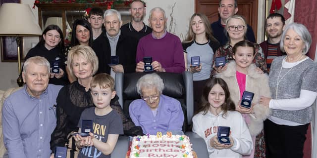 Ruby Druce celebrates her 109th birthday surrounded by family. Photos: Joe Boland (North West Newspix)