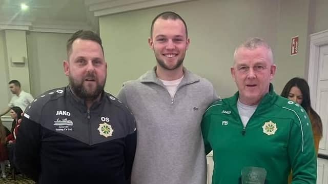 Patrick McClafferty (centre) alongside St Catherine's stalwarts Oliver Smith and Pat Byrne