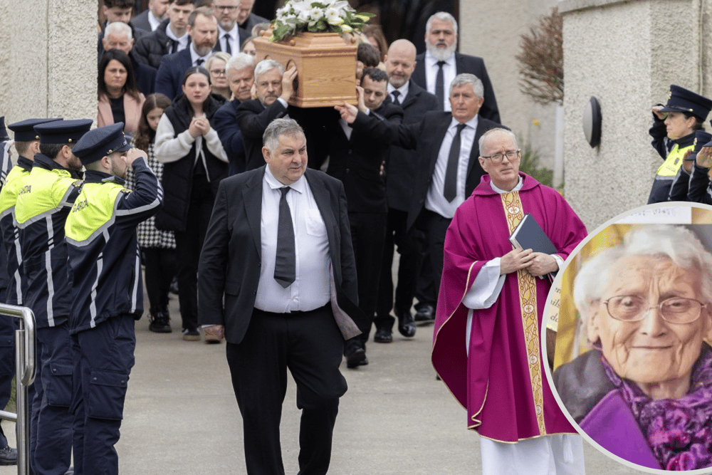 Members of An Garda Síochána salute as the remains of 109-year-old Ruby Druce are taken from St Mary's Church. Photos: Joe Boland (North West Newspix)