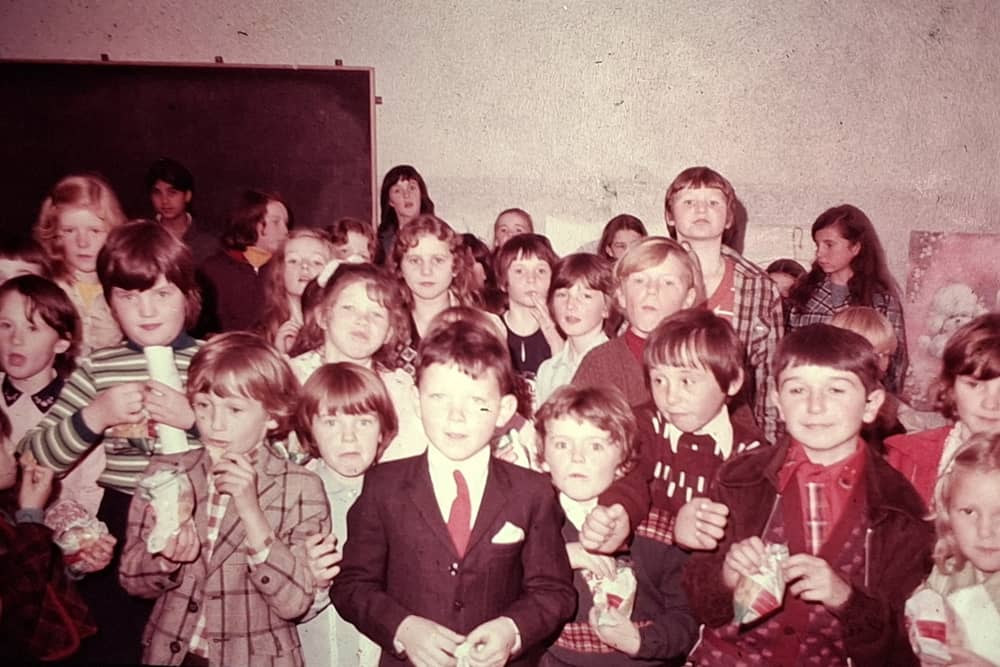 Pupils pictured in September 1975 at the Mass for the official opening of St Aengus National School in Bridgend.
