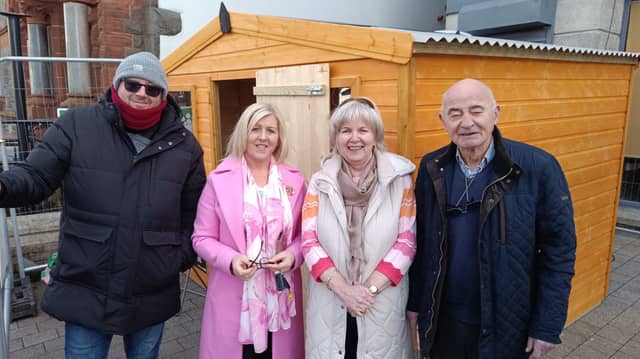 Gary Ramsey with Alfie Greene of Greene’s shoeshop and Deborah Toland and Isobel Rodgers from Donegal Hospice