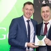 Gerard McGlynn, winner of the 2024 Donegal Sports Star Award for Darts, with special guest David Gillick