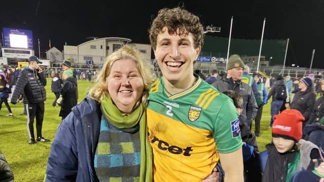 Finnbarr Roarty and his mother Paula following Donegal's win over Dublin in Ballybofey. Photo: Naomh Conaill GAA Club