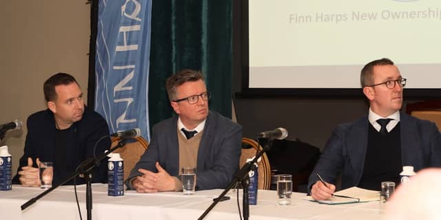 League of Ireland Director Mark Scanlon, Finn Harps Chairman Ian Harkin and FAI CEO David Courell. Photos: Joe Boland (North West Newspix)