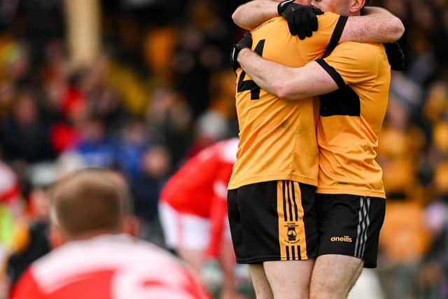 Then came the goal. Niall O’Donnell’s effort at a point came down off the upright and Pauic Boyle was the first to react, quickly laying off for Conor O’Donnell Jnr to hit home on 36 to make, what was in the circumstances, a huge score.