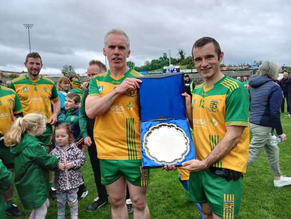 Captains Conor McShane and Gerard McBrearty with the All-Ireland Masters Plate