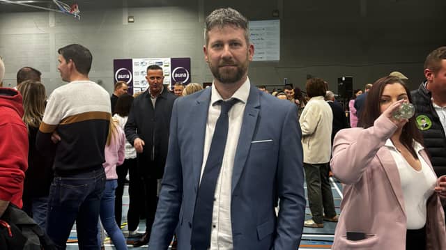 Donal 'Mandy' Kelly at the Letterkenny count centre after being the first candidate to win a seat in the Letterkenny LEA