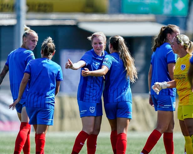 Erin McLaughlin is congratulated by her new teammates following a goal against Watford. Photo: Portsmouth Women
