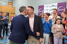 Declan Meehan, right, with his husband Dr Pádraig McGuinness following his election in Letterkenny on Sunday evenig