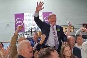 Ciaran Brogan is congratulated by family and friends at the Aura Centre in Letterkenny