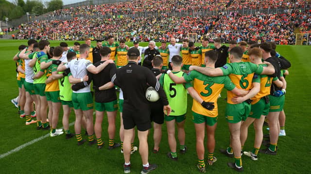 Donegal manager Jim McGuinness speaks to his side during the Ulster final in Clones