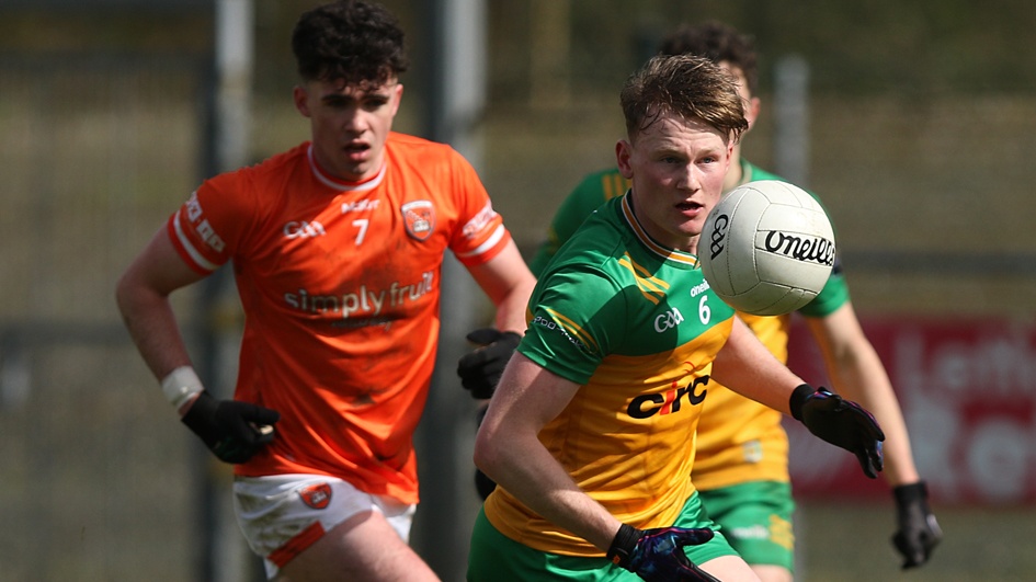 Oisin Caulfield with eyes for the ball in Donegal's Ulster U-20 clash with Armagh. Photos: Thomas Gallagher