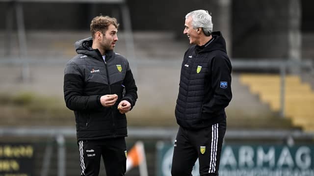 Donegal manager Jim McGuinness, right, and Stephen McMenamin before the Allianz Football League Division 2 match in Armagh