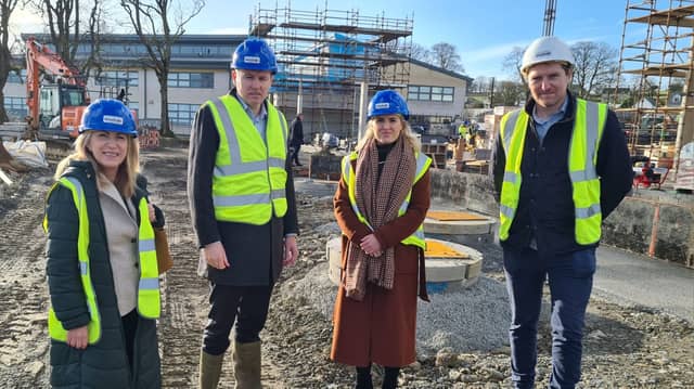 Charlie McConalogue at Moville Community School with Donegal ETB Chief Executive, Anne McHugh, school principal, Caroline Doherty, and Brendan Conway, Woodvale Construction Co Ltd