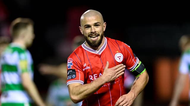 Mark Coyle of Shelbourne celebrates after scoring his side's first goal during the SSE Airtricity Men's Premier Division matchagainst Shamrock Rovers
