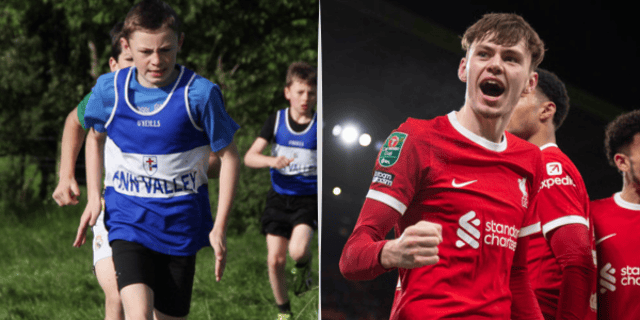 Conor Bradley in the Finn Valley AC vest and after scoring his first Premier League goal for Liverpool.