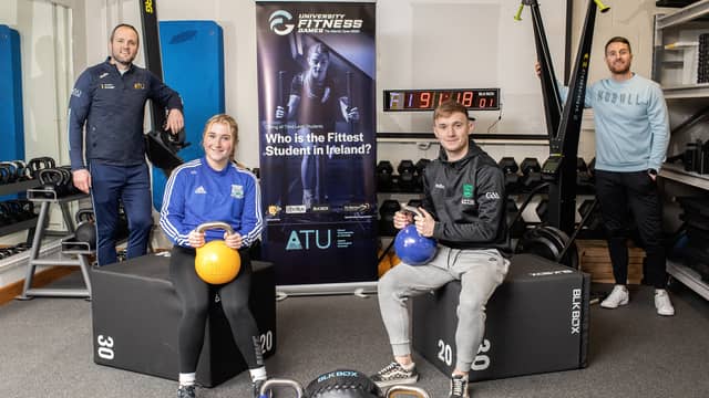 Michael Murphy (Head of Sport), Neil Barrett (Lecturer), Katie Gibbons and Fionnan Coyle (students on the BSc (Hons) in Sport & Exercise) launching the University Fitness Games at ATU Donegal