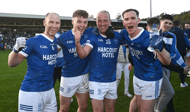 Eoin Waide pictured with Anthony Thompson, Odhran Doherty and Ciaran Thompson after the county final win over Gaoth Dobhair Picture: Ramsey Cardy Sportsfile