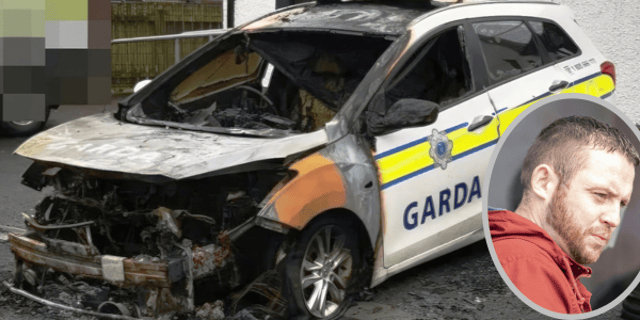 The burnt Garda patrol car and (inset) Gary McGinley. (North West Newspix)