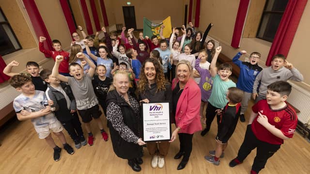 Charlene Logue and Jackie Ferry from Donegal Youth Service Group with Bridget Gallagher from Vhi and young people from Creeslough as they celebrated being one of 13 projects awarded grants