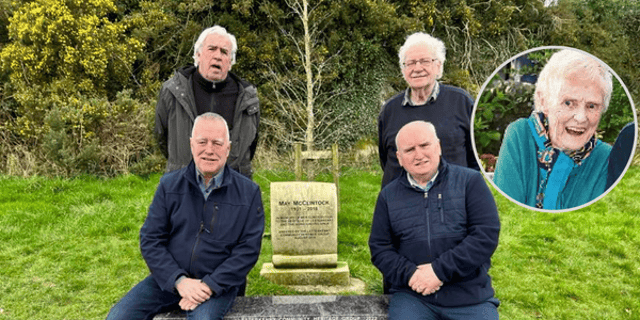 Councillor Jimmy Kavanagh, Frank O’Donnell, Charlie Grant and Chairman Johnny McCollum at the seat in memory of the late May McClintock (inset)