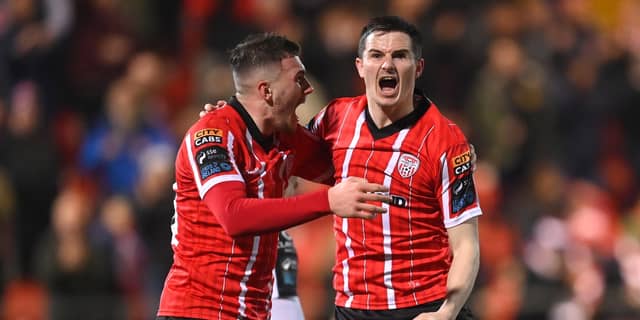 Ciaran Coll celebrates scoring against Sligo Rovers. Photo: Stephen McCarthy/Sportsfile