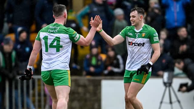 Caolan McColgan celebrates with Paddy McBrearty following Donegal's win over Kerry.