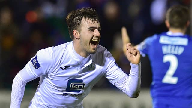 Mark Timlin celebrates after scoring his Finn Harps' first goal during the SSE Airtricity League Promotion / Relegation Play-off final second leg against Limerick FC in 2018