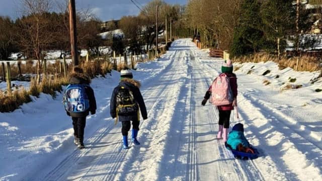 Odhran Pat McDaid with his cousins Caitlin and Eoghan Sharkey pull along little Dualtach Sharkey on their way home from school