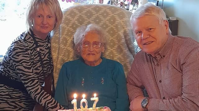 Ruby Druce celebrates her107th birthday with nephew Martin Harran and his wife Carmel