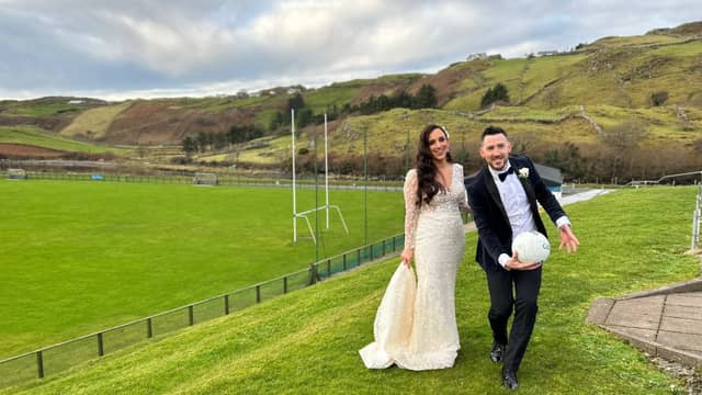 Aisling and Mark on their wedding day at Towney, the home of Kilcar GAA club