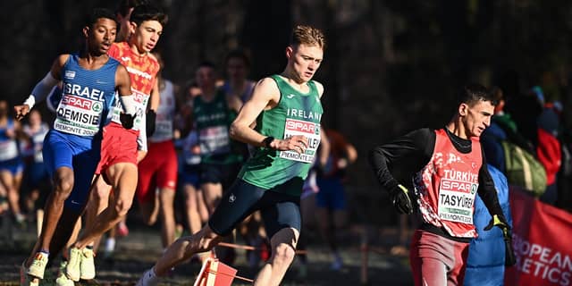 Sean McGinley competing in the U20 men's 6000m during the SPAR European Cross Country Championships at Piemonte-La Mandria Park in Turin, Italy. Photo by Sam Barnes/Sportsfile