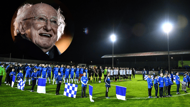 Players and officials stand for a minute of silence in remembrance of the people who lost their lives in the Creeslough tragedy and, inset, Michael D Higgins
