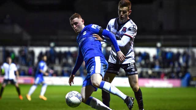 Ryan Rainey of Finn Harps in action against Darragh Leahy of Dundalk during the SSE Airtricity League Premier Division match