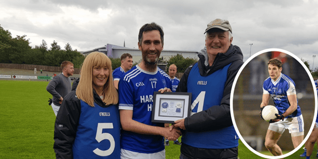 Marty Boyle receives a memento of his 100th Donegal SFC game from Naomh Conaill secretary Muriel Hegarty and chairman Martin Shanky Smith and (inset) Johnny McLoone