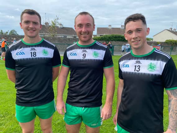 Aodh Ruadh players with a smile on their face after big win over St Nauls - Philip Patton, goalscorer Darren Drummond and Eddie Lynch. Picture: Brian Drummond