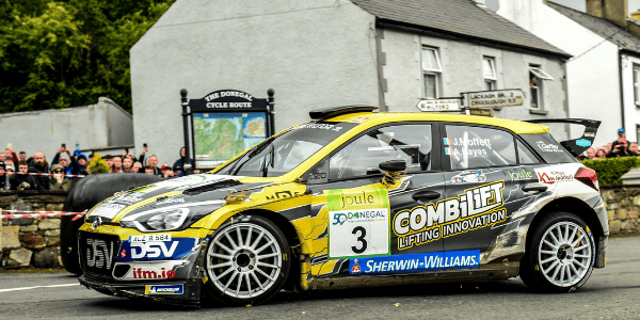 Josh Moffett and Andy Hayes on their way to winning the Donegal International Rally. Photo: Sportsfile